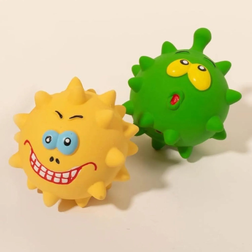 Four colourful natural latex rubber squeaky dog balls with cute faces measuring 7.5 cm