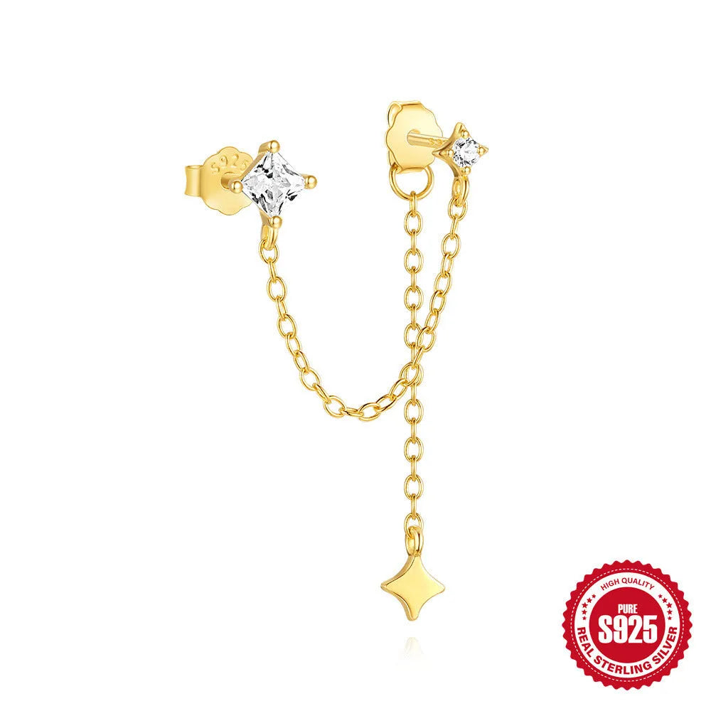 S925 sterling silver stud earrings with zircon stones in golden geometric designs