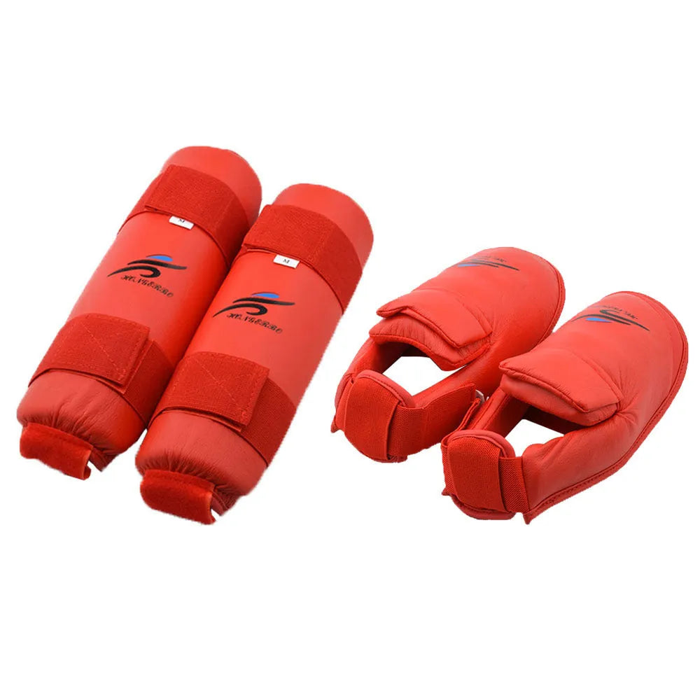 Red and blue karate protective gear set with helmet and leg guards for martial arts training