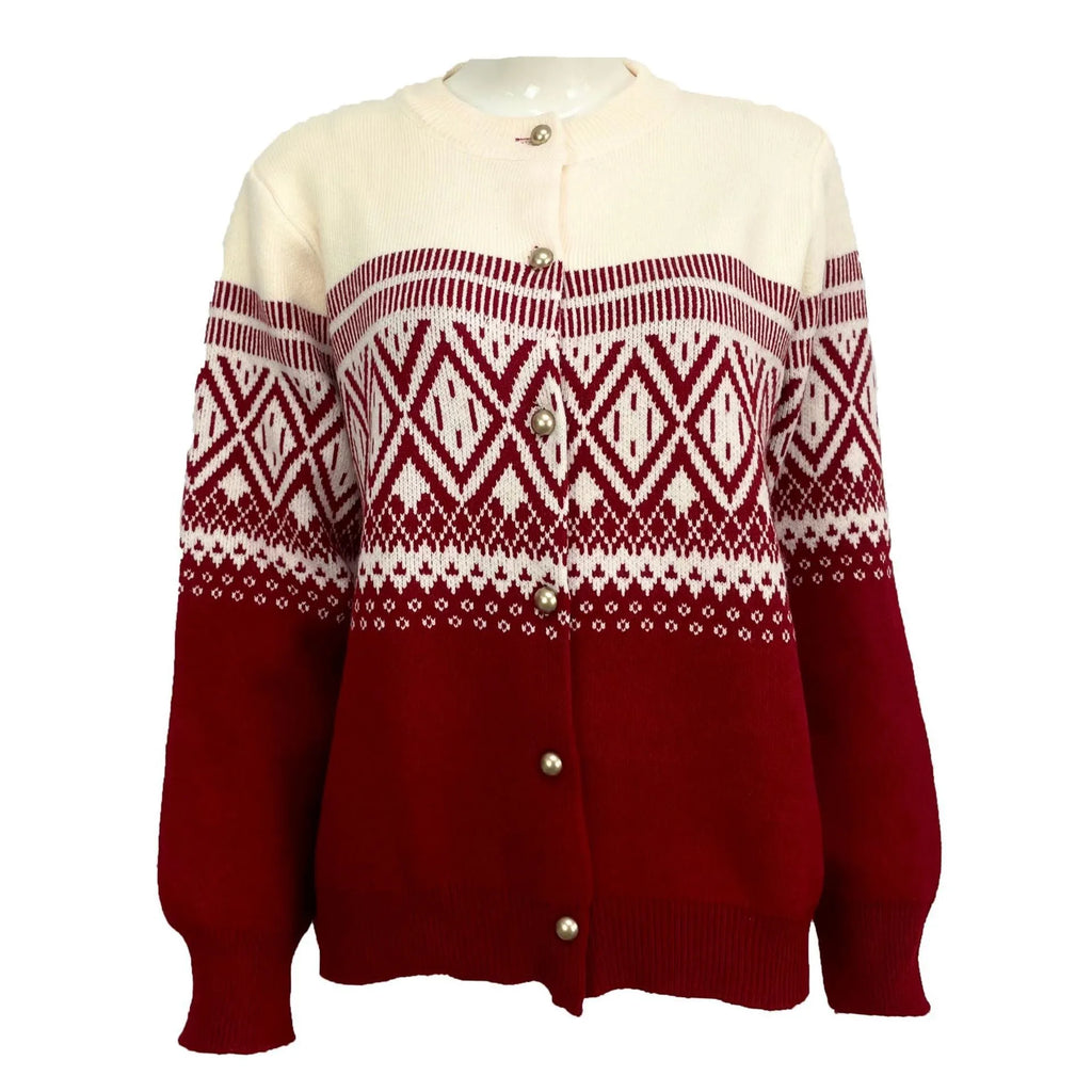 Women's grey alpaca wool cardigan with diamond knit and contrast colour block design