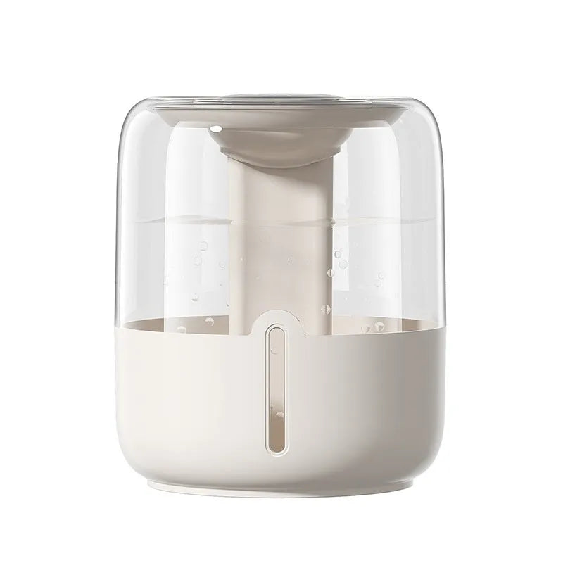 Beige round USB humidifier with dual spray nozzles, humidity display, and night light on wooden surface