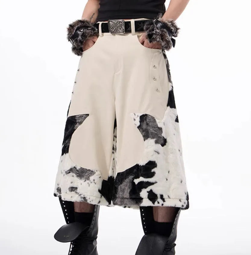 Women's milk fibre cropped trousers with fur detailing in checkered, striped or printed patterns