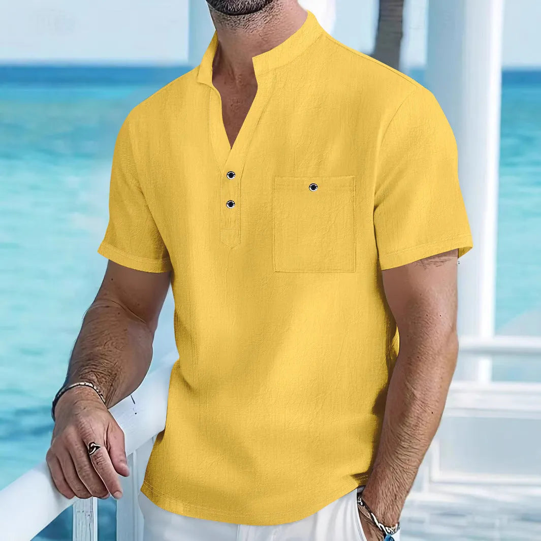 Men's linen blend stand collar t-shirt in loose fit casual style
