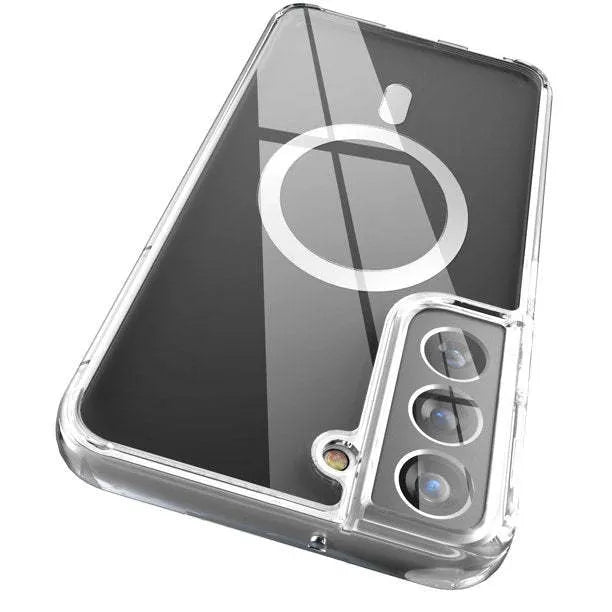 Transparent MagSafe magnetic phone case for Samsung Galaxy S21 S22 S23 series showing wireless charging compatibility