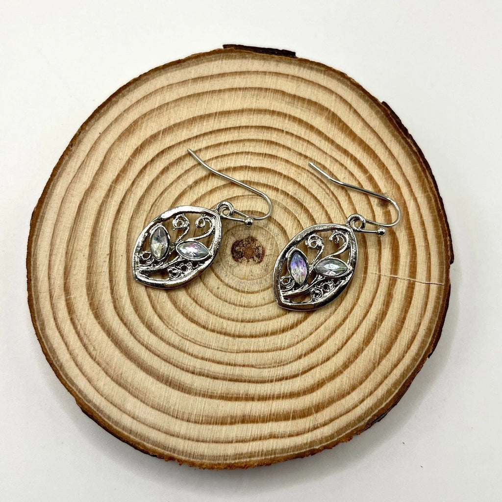 Silver leaf-shaped earrings with colourful embedded moonstones for women