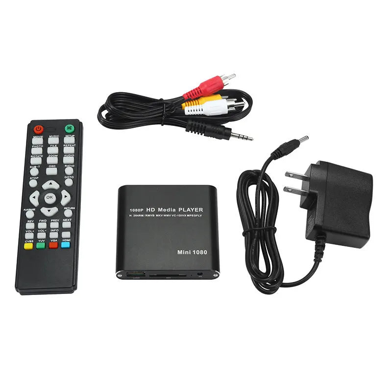 Compact black HDMI media player with USB port and remote control for 1080P video playback