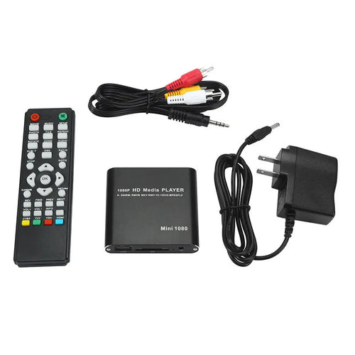 Compact black HDMI media player with USB port and remote control for 1080P video playback