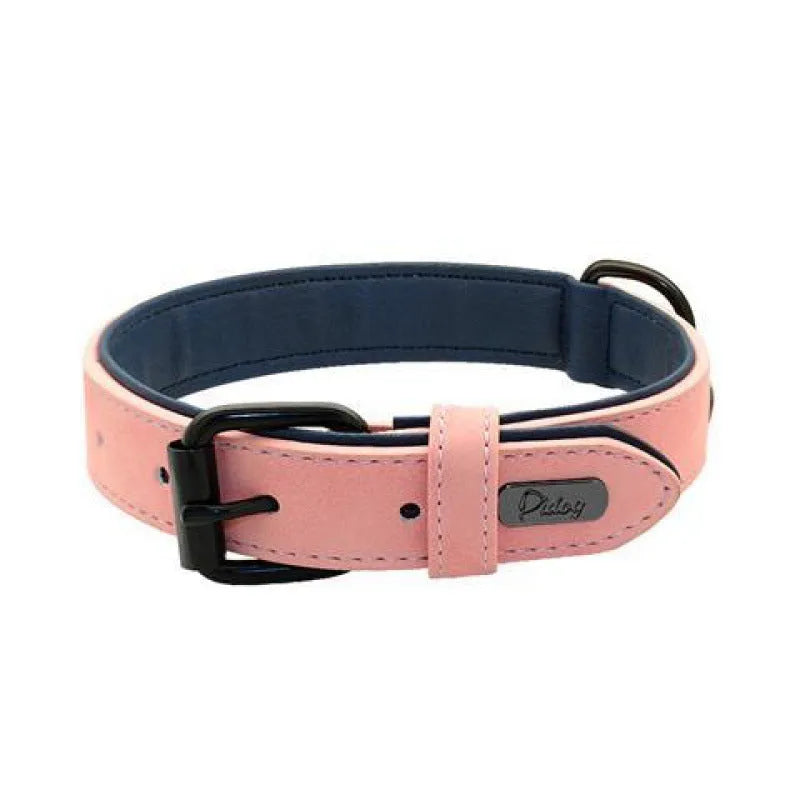 Adjustable anti-loss dog collar showing PU front and microfiber back in available colour options