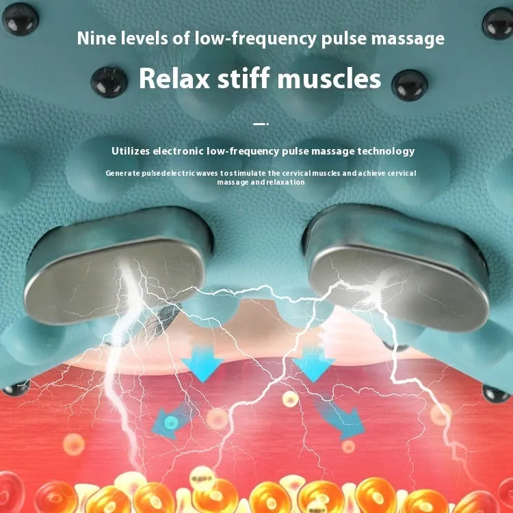 Blue-green cervical massage pillow with EMS, vibration and hot compress functions measuring 17x10x12cm