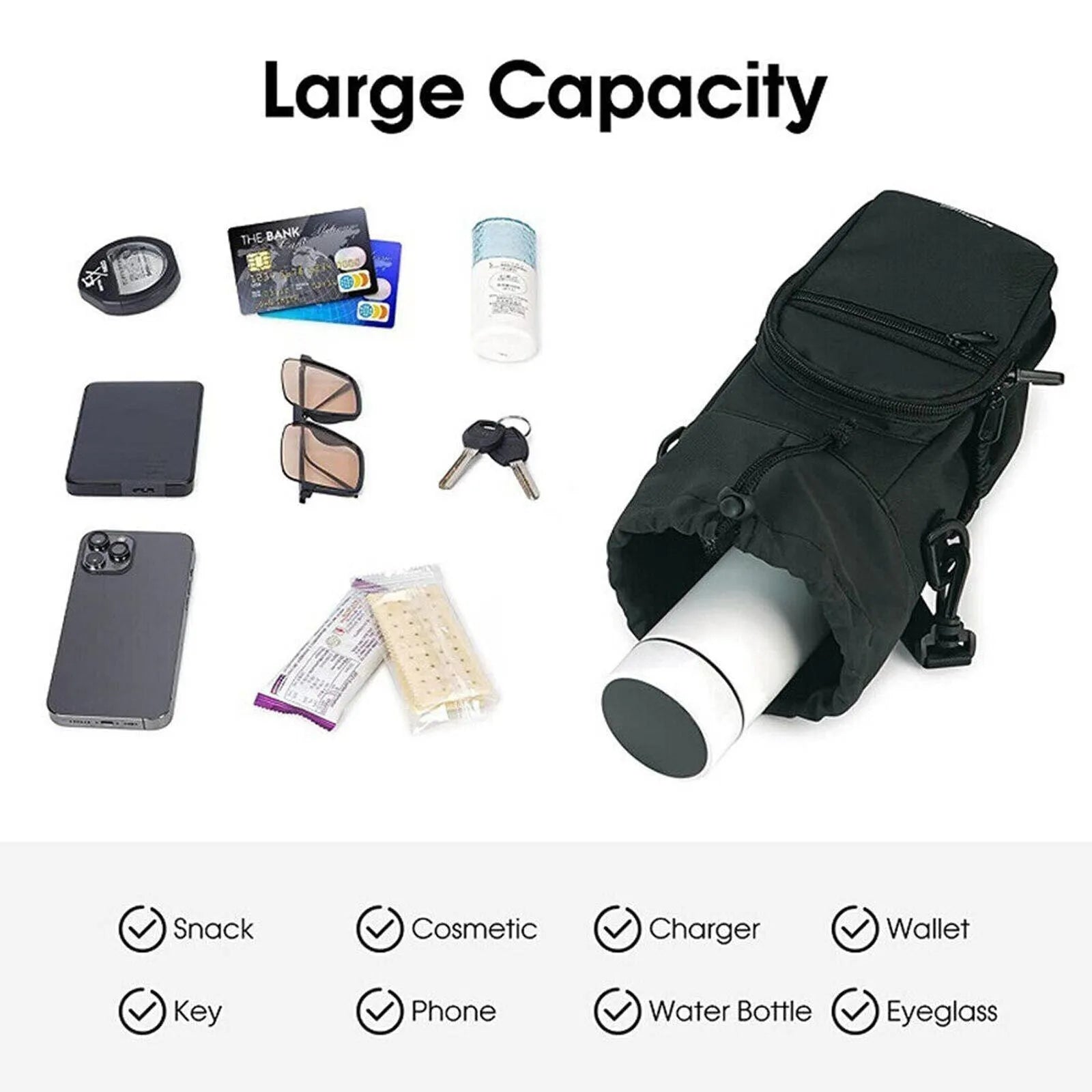 Cloth canvas water bottle pouch with a removable crossbody strap in black, green, and pink colour options.