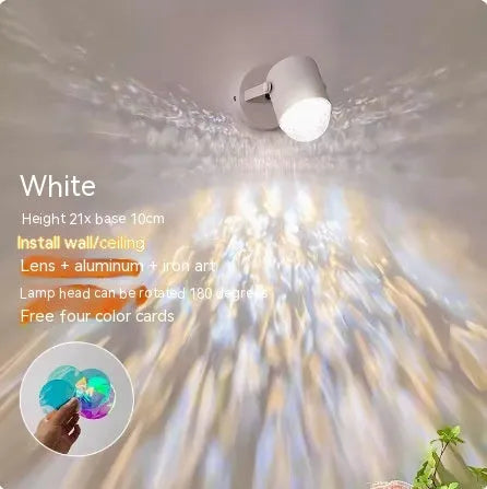 Water ripple ambience light showing ceiling and desktop installation options with metal lamp holder