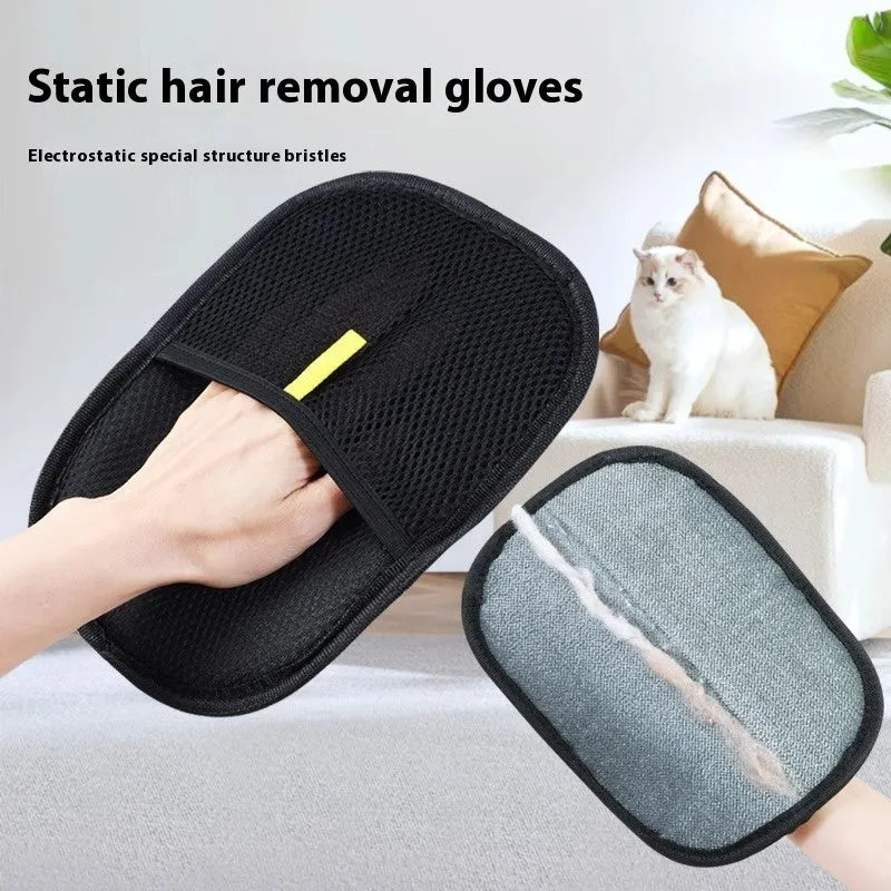 Black pet hair remover mitt with dual-sided silicone bristles for dog and cat grooming