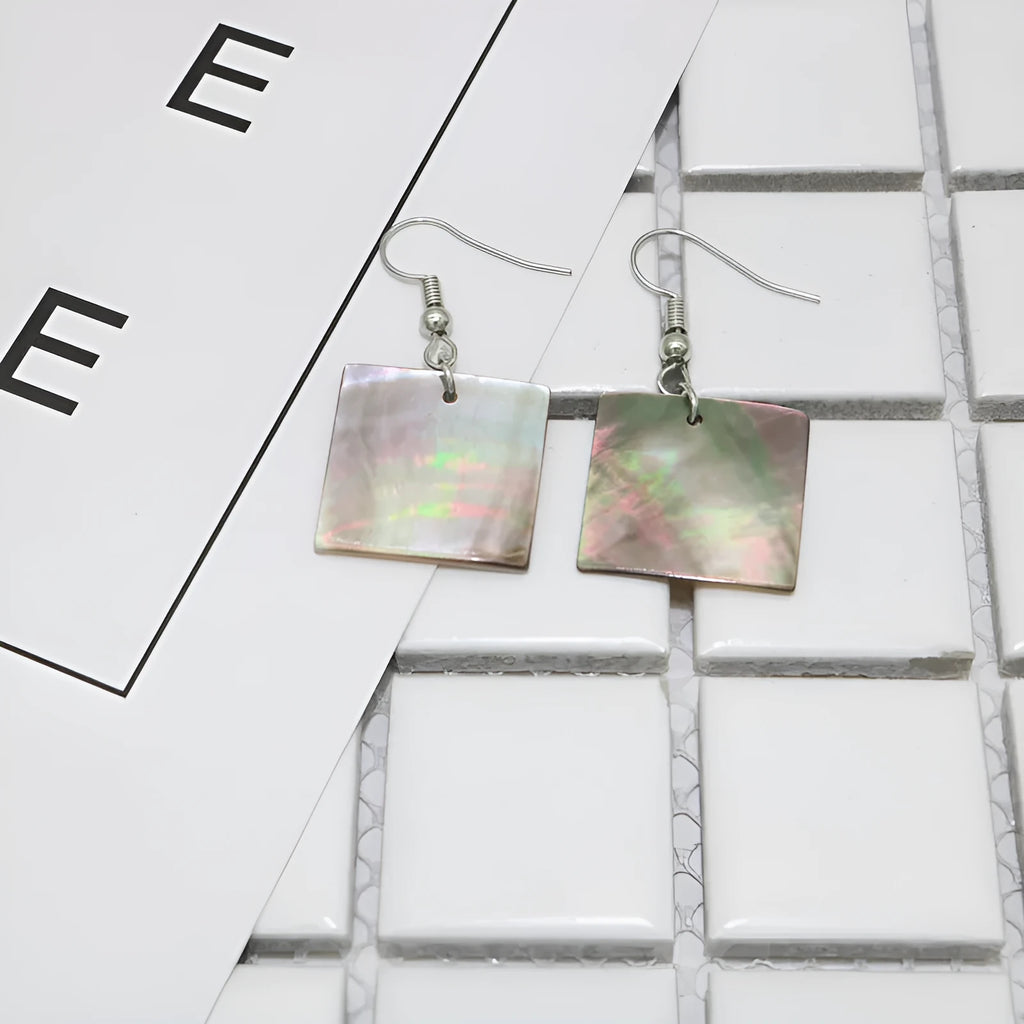 Women's geometric shell earrings in Square Panther and Rectangular Shell colours with retro natural styling