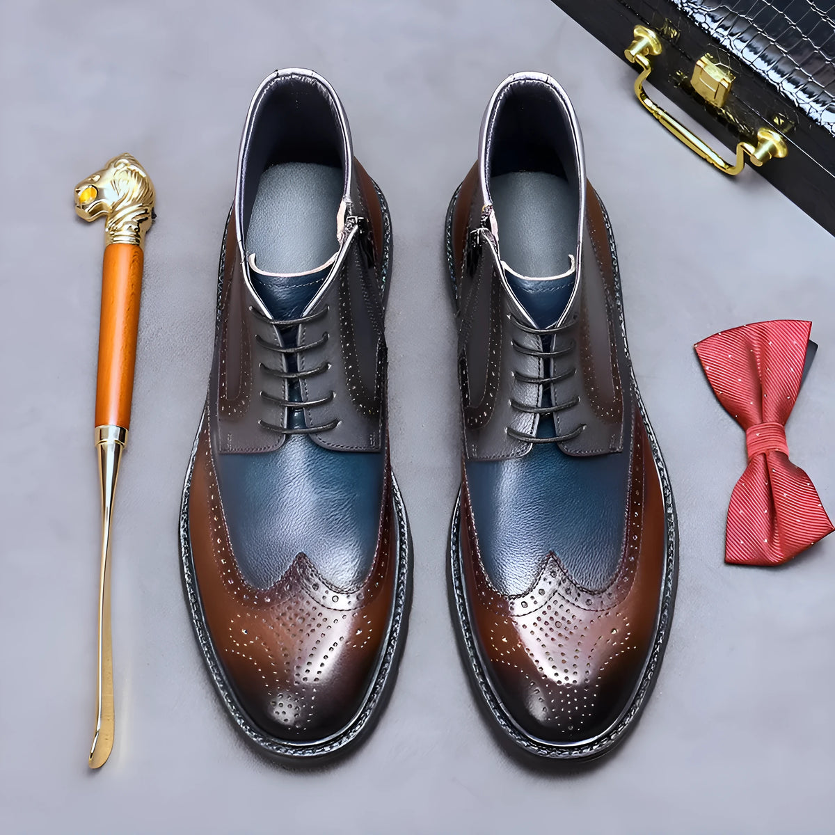 Men's curry blue leather brogue ankle boots with round toe and front lacing on a white background.