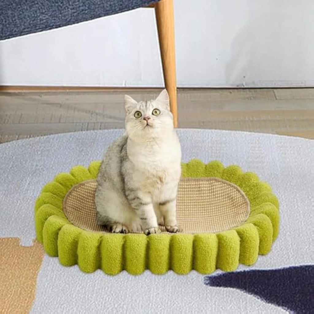 Green oval sisal cat scratching pad and lounge bed measuring 65cm long.