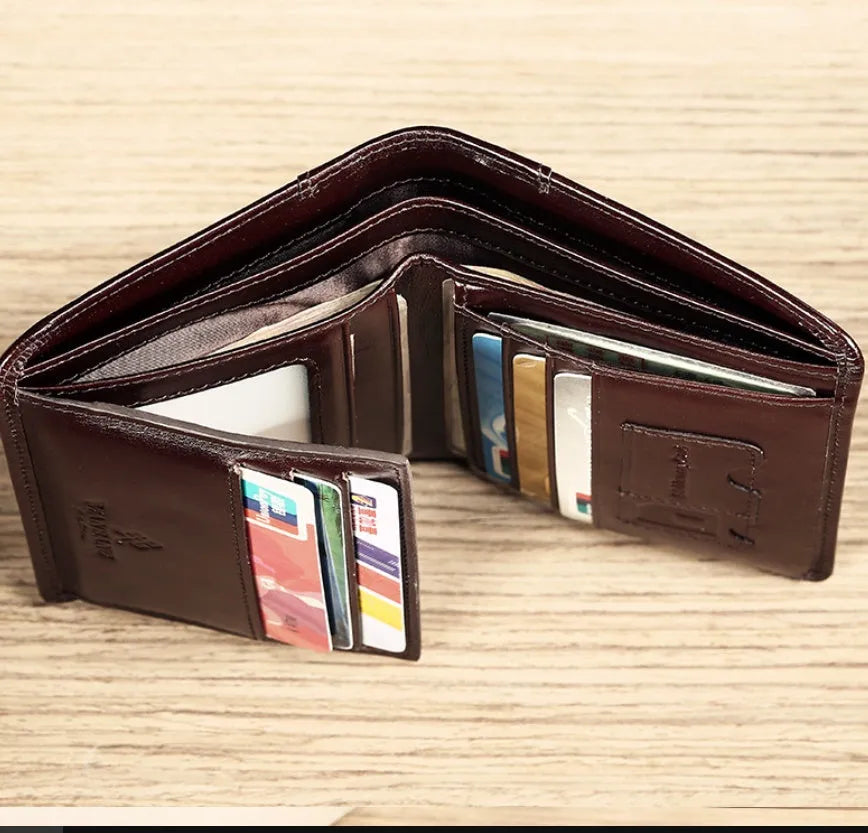 Men's leather wallet open showing photo holder, card slots, banknote folder, and hidden zippered compartment.