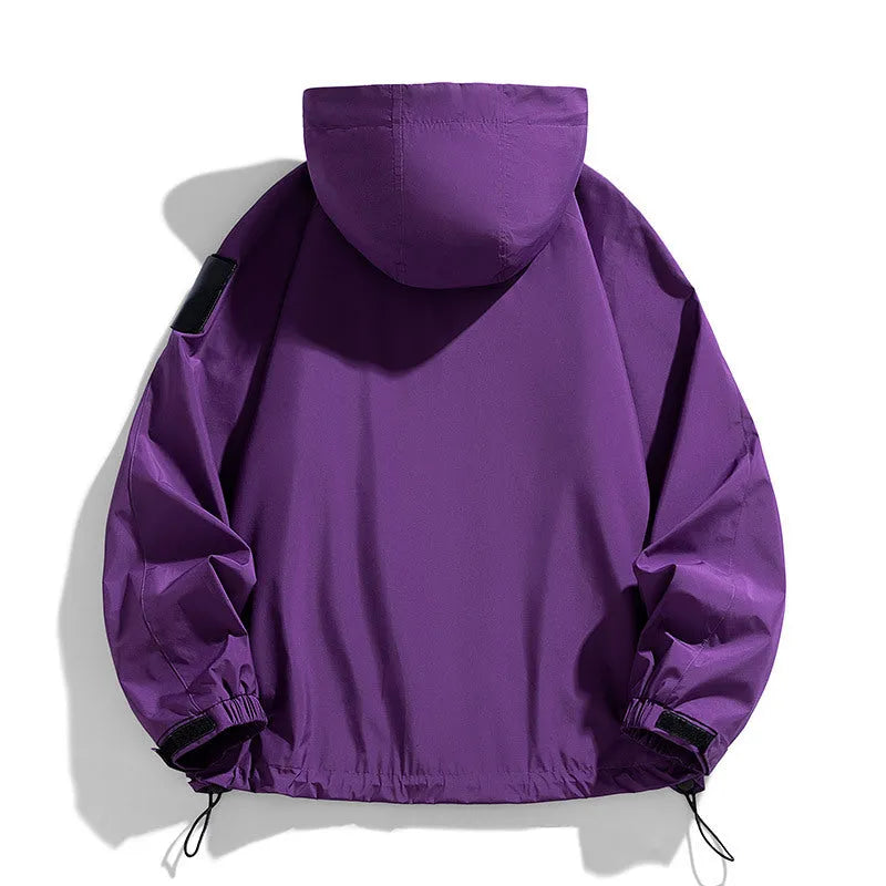 Men's black waterproof hooded jacket with long sleeves and regular length fit