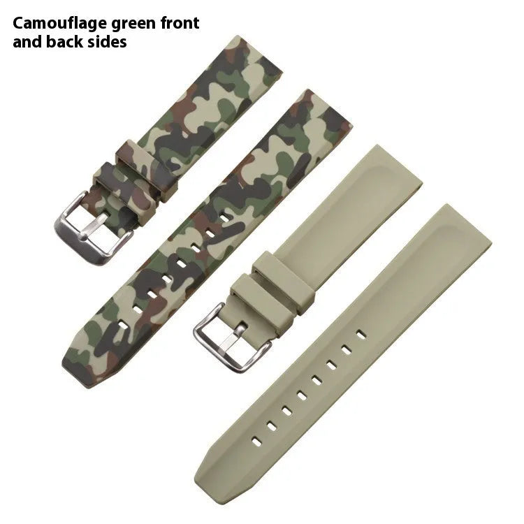 Camouflage patterned silicone watch strap showing blue, grey, and green colour options in 20mm, 22mm, and 24mm widths