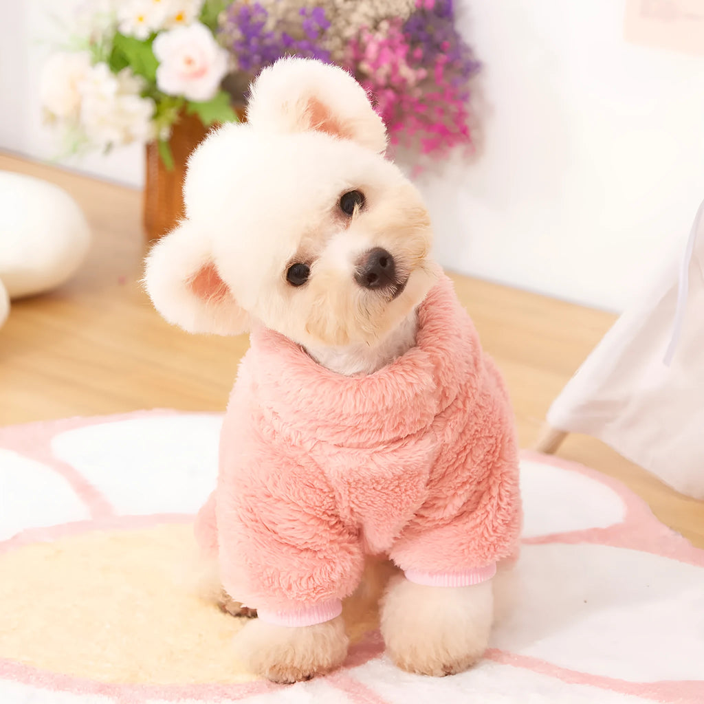 Double-sided thick plush dog clothes with high collar and towing ring in khaki colour
