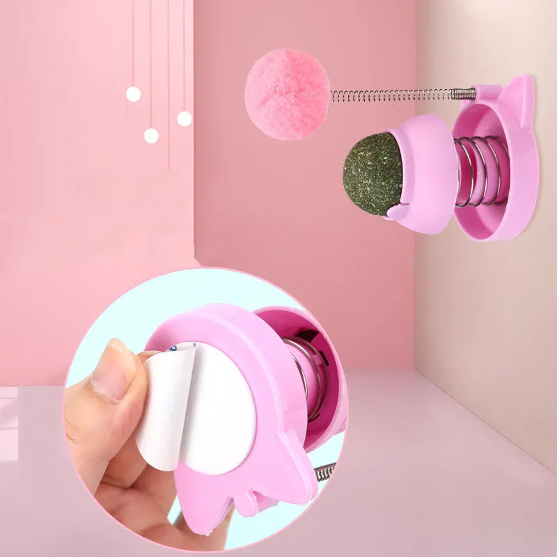 Lucky Cat design mint-flavoured ball cat toy on a stick for interactive play and teeth cleaning.
