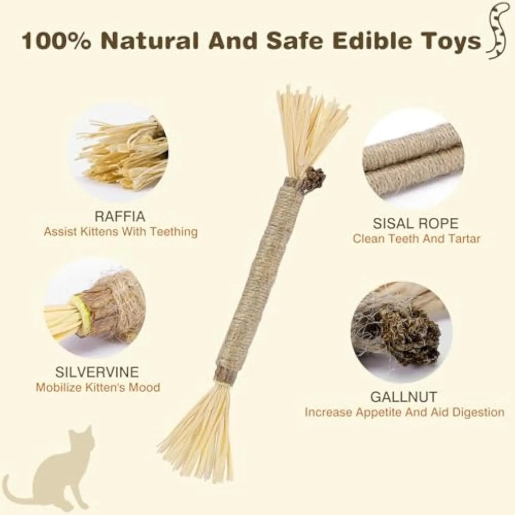 3 pack of natural silvervine chew sticks for cats with sisal rope, fine and thick diameter options