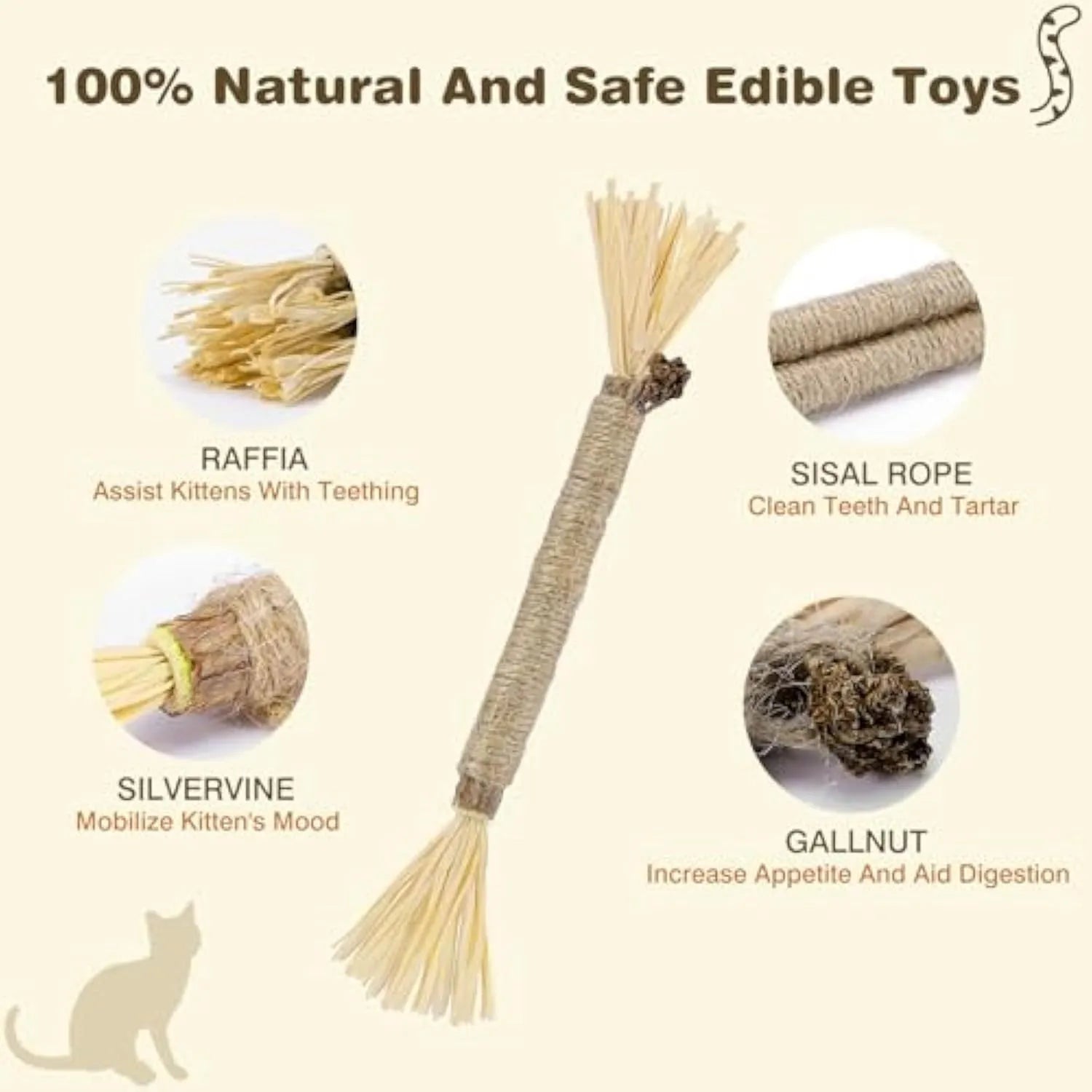 3 pack of natural silvervine chew sticks for cats with sisal rope, fine and thick diameter options