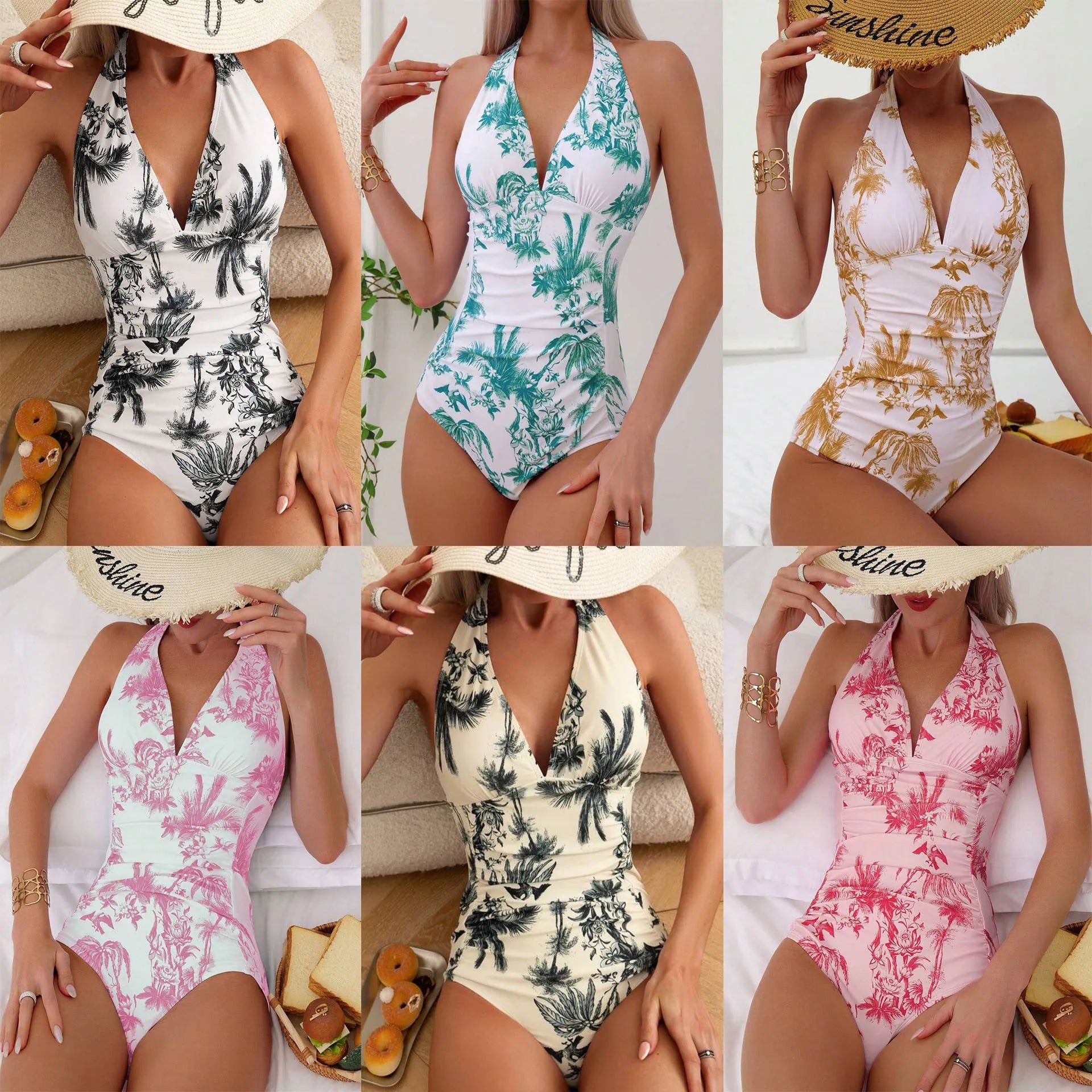 Women's printed V-neck one-piece swimsuit in polyester available in multiple colours and sizes