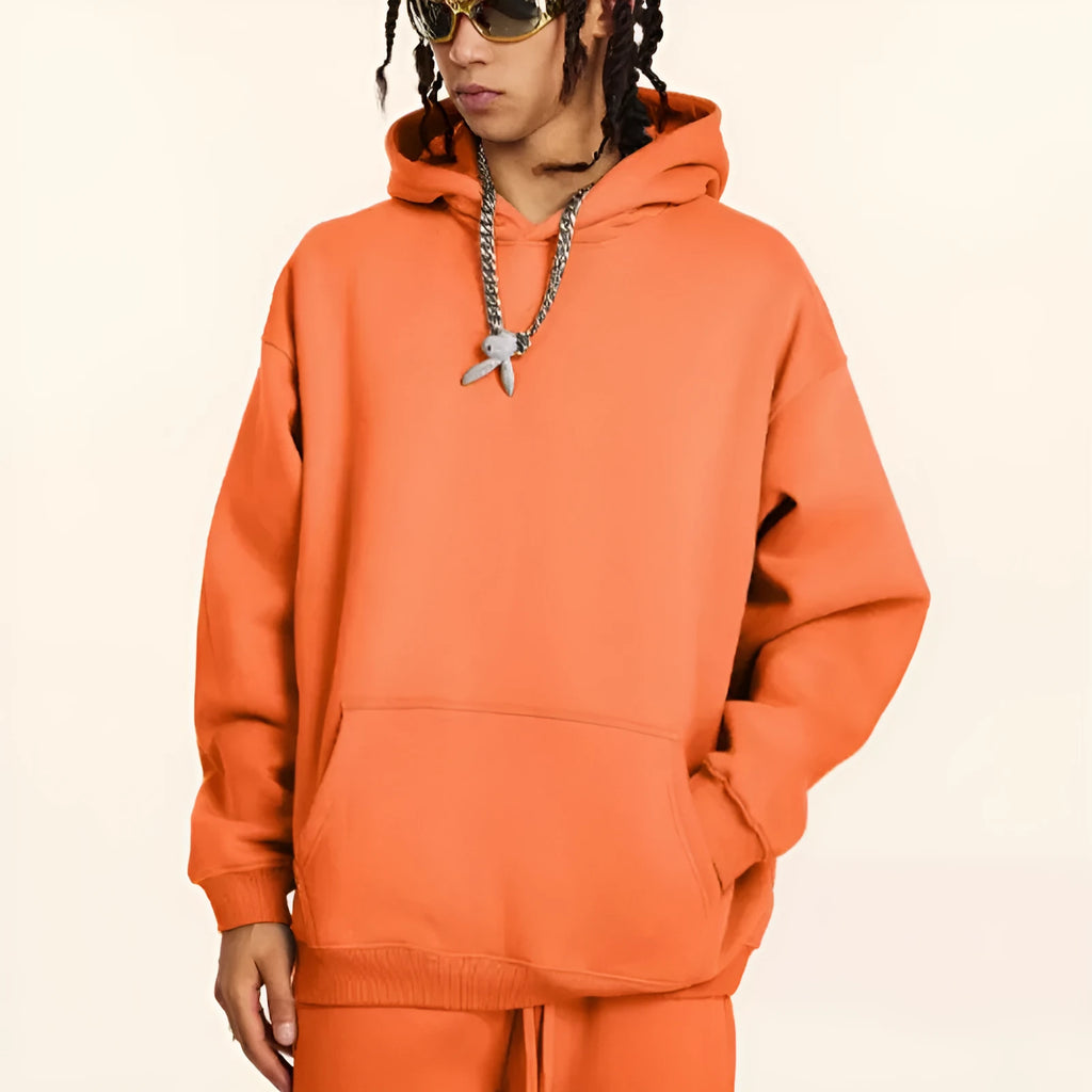 Men's terry cotton hooded sweater in loose fit with drop shoulder design