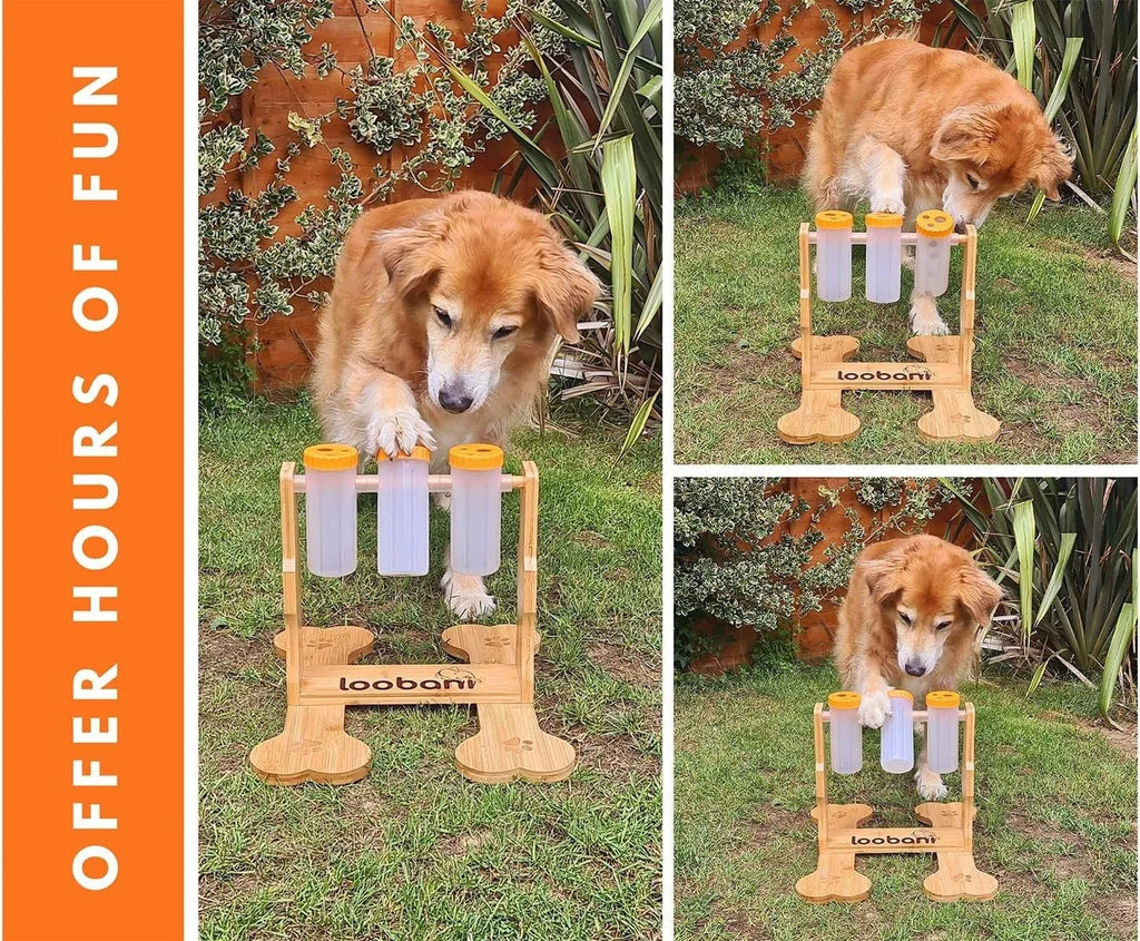 Wood colour dog puzzle toy measuring 31x30x20cm with interactive food dispensing design