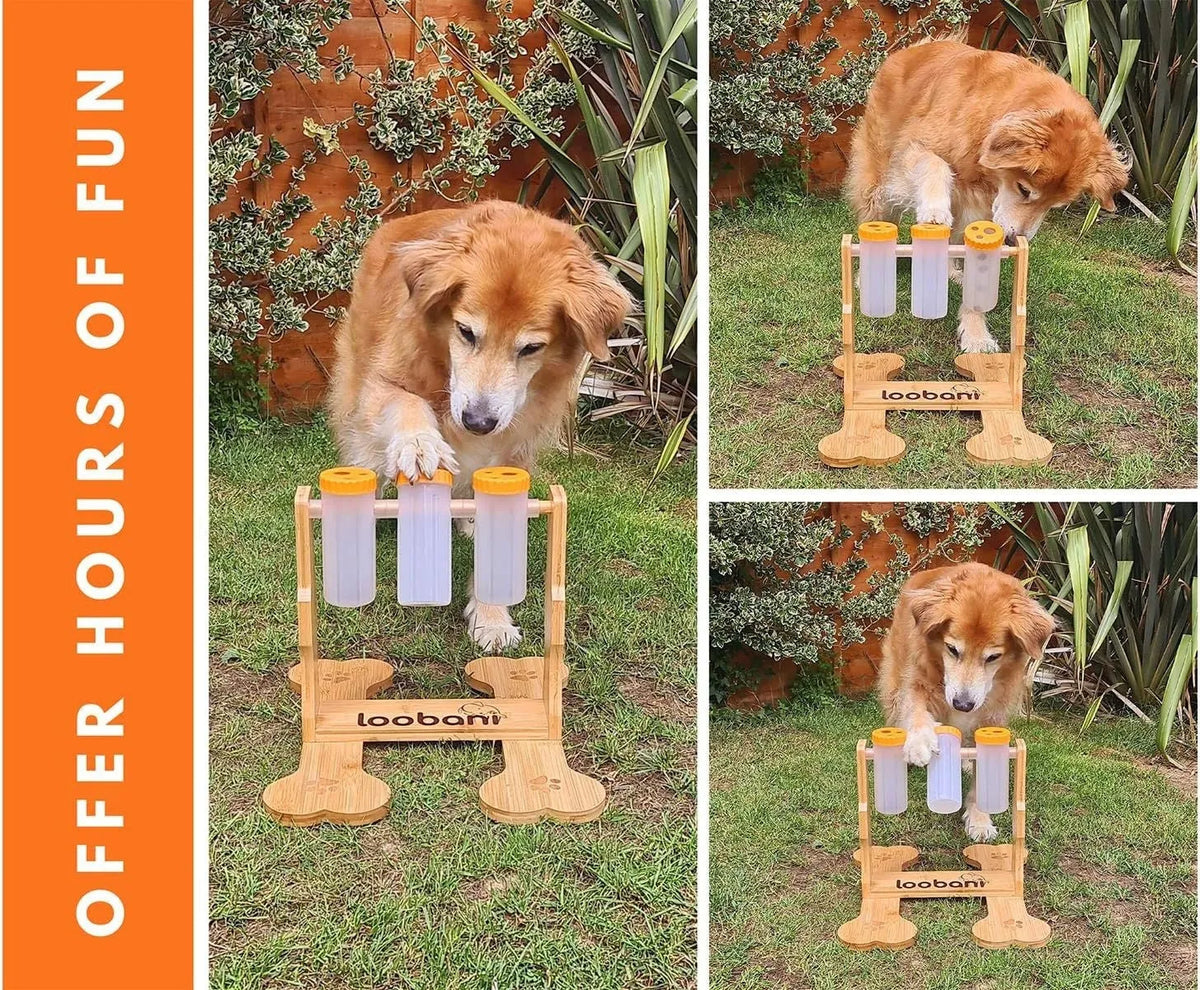 Wood colour dog puzzle toy measuring 31x30x20cm with interactive food dispensing design
