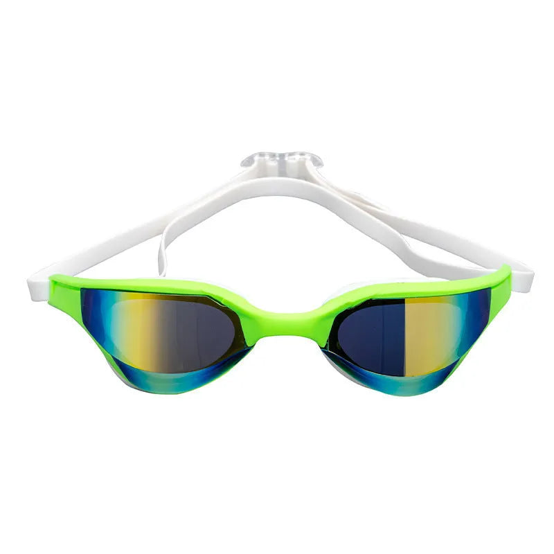 Racing style swimming goggles with anti-fog lenses in a case, shown with spare nose bridges.