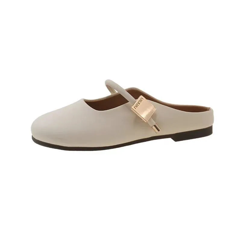 Women's apricot or khaki slip-on semi slipper with square buckle toe cap and PVC sole