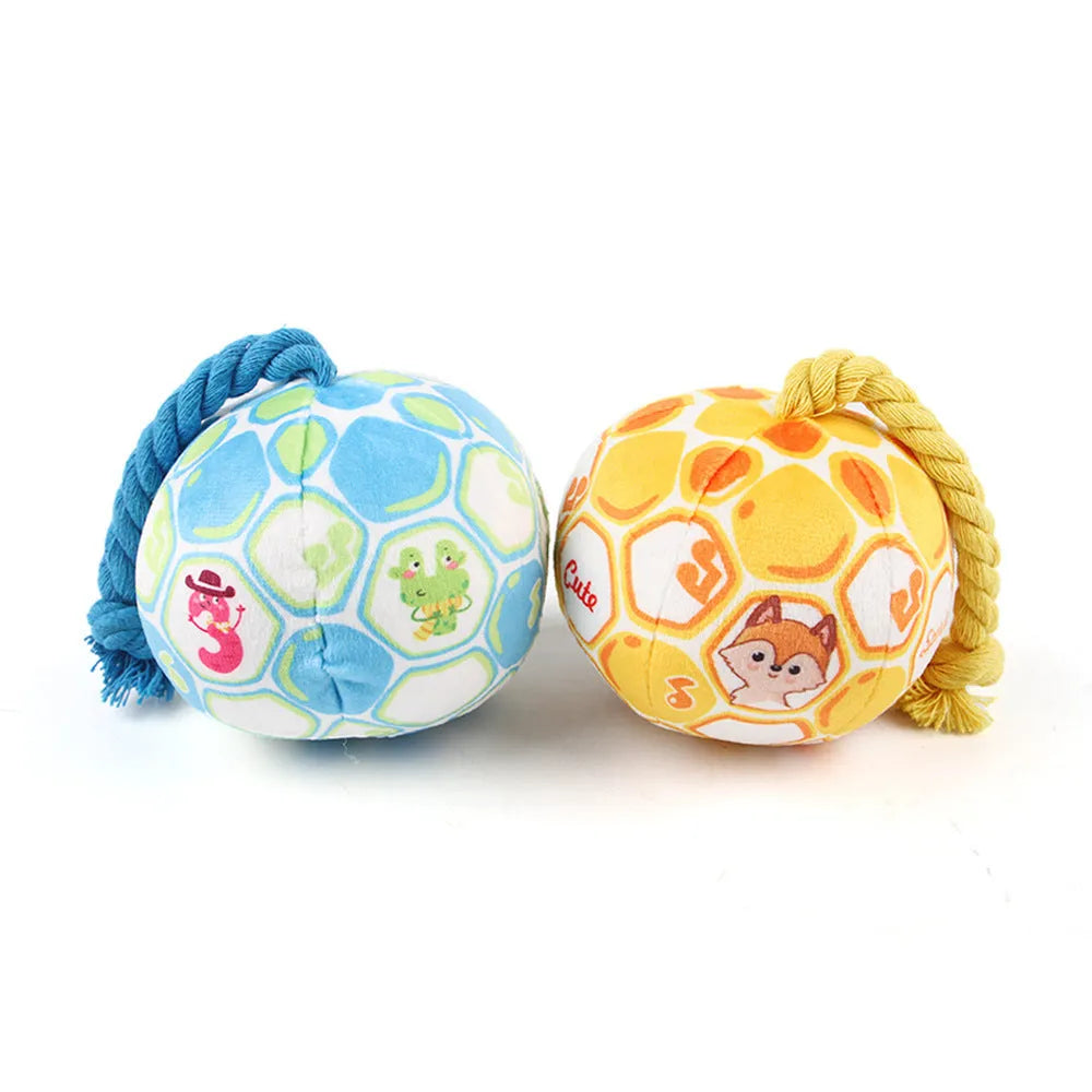 Blue and yellow cartoon elastic football dog toy made from cotton rope for tug of war and chewing.
