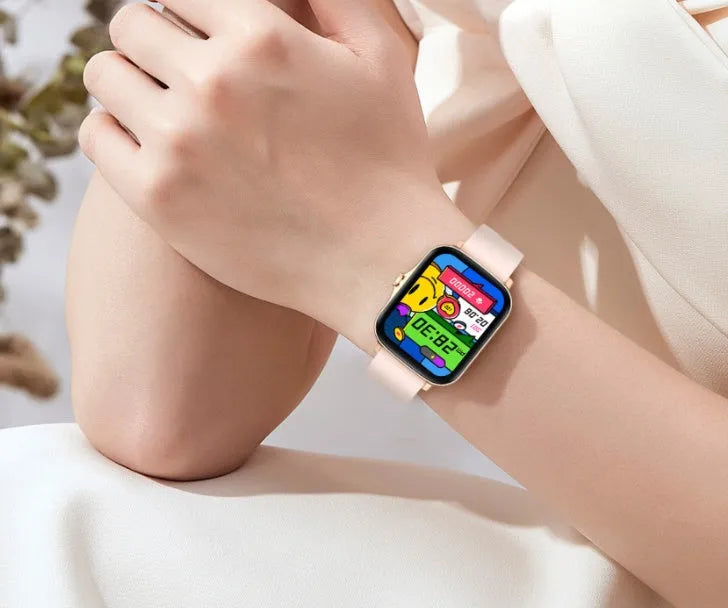 Blue smart watch with 1.7-inch touch screen on wrist, showing fitness stats interface.