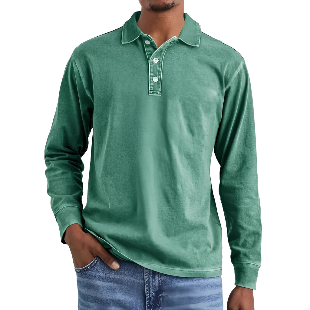 Retro washed pure cotton polo shirt with long sleeves and a lapel collar, shown in Army Green.
