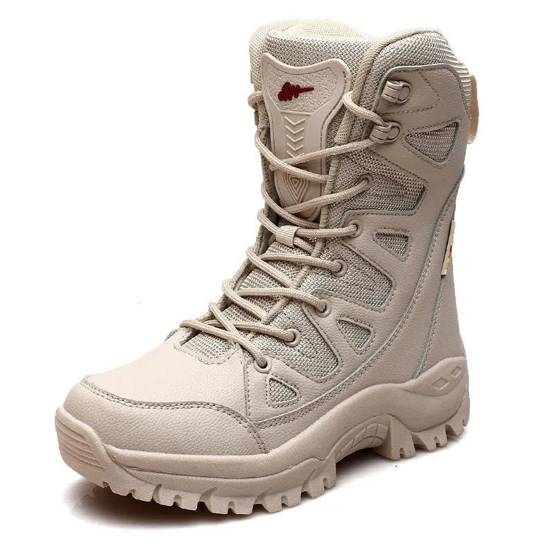 Men's beige cowhide leather hi-top hiking shoes on a rocky outdoor trail