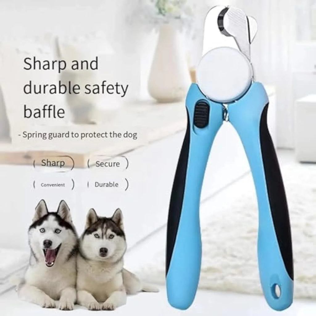 Blue heavy-duty dog nail clippers with a visible safety guard, shown next to a dog's paw.
