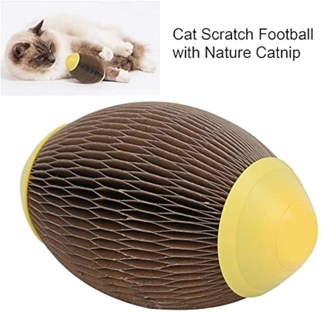 Elliptical corrugated paper catnip football toy measuring 65mm by 108mm