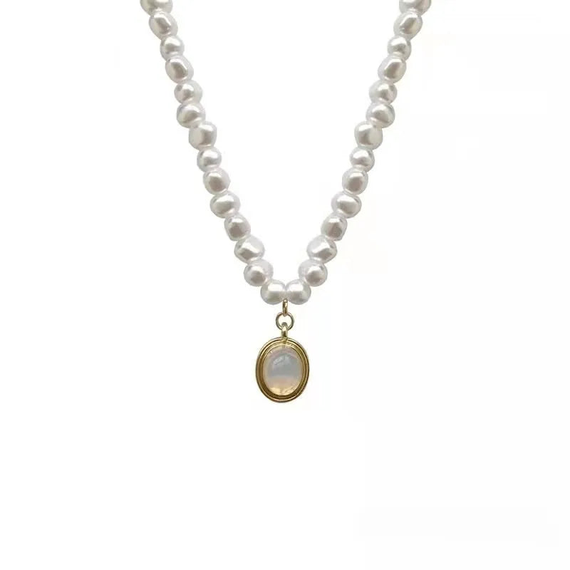French Court vintage pearl necklace with geometric pendant on adjustable chain