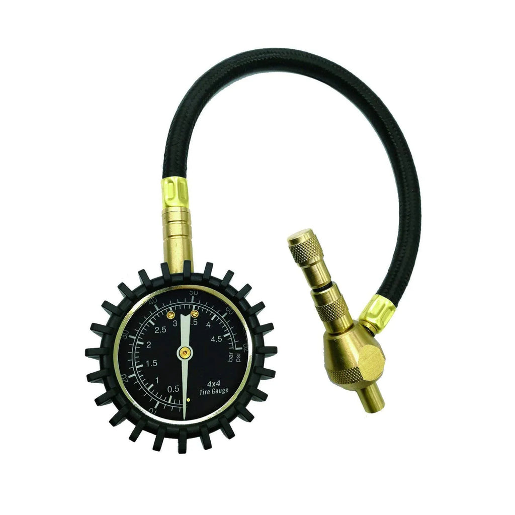 Red and black mechanical tyre pressure gauge with dial showing 0-5 BAR scale for automotive use.