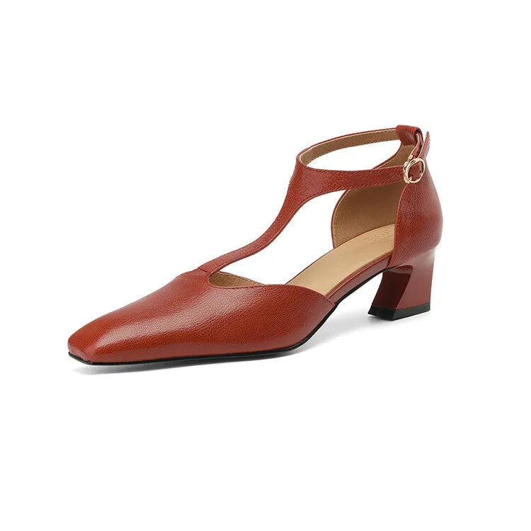 French retro square-toe chunky heel shoes in wine red sheepskin leather with buckle closure