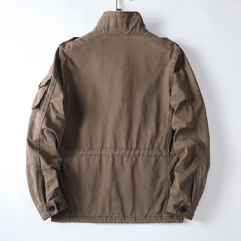 Men's loose cotton zip jacket in light brown, light army green, or black colour