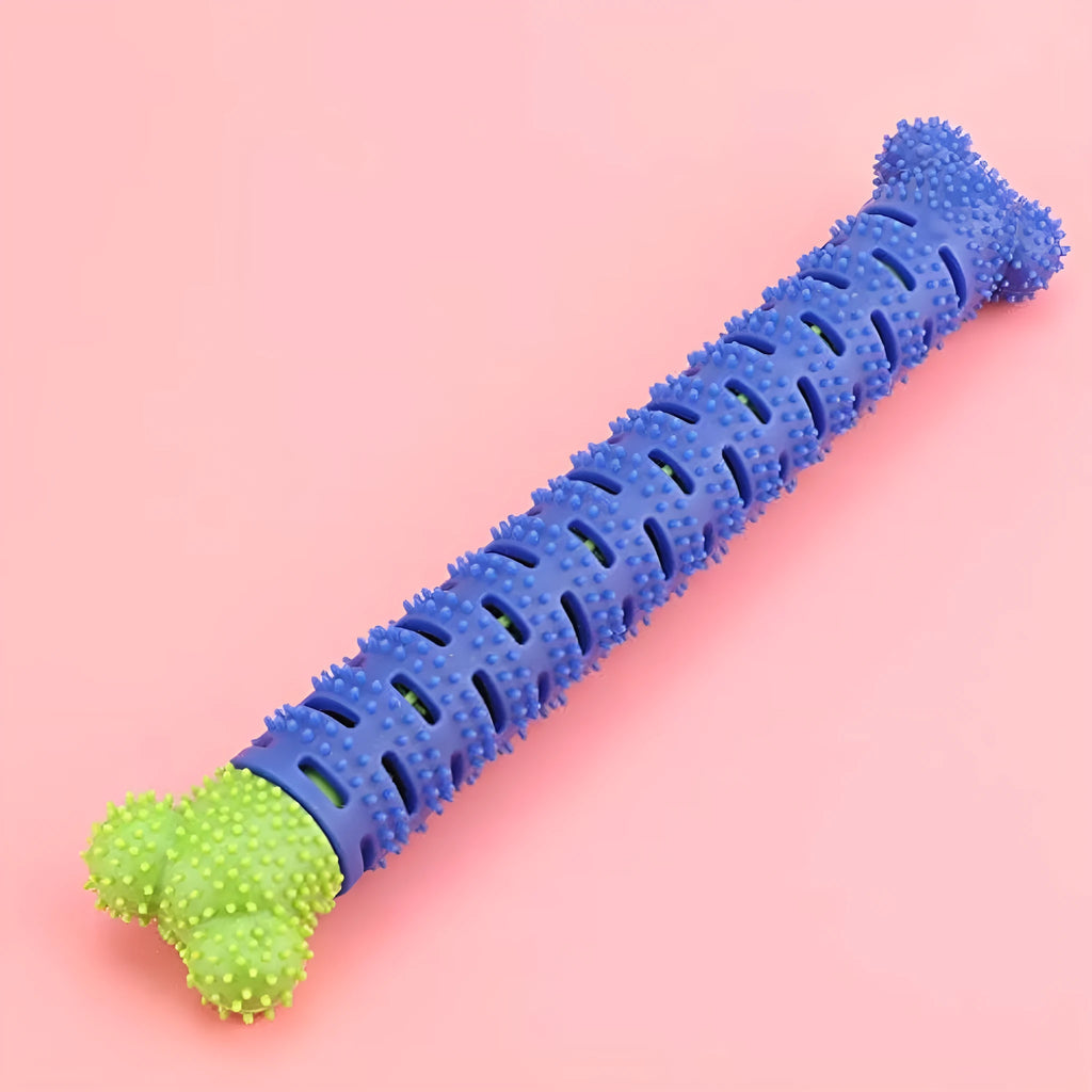 Blue silicone dog molar tooth cleaner stick with serrated brush head and treat crevice for dental care