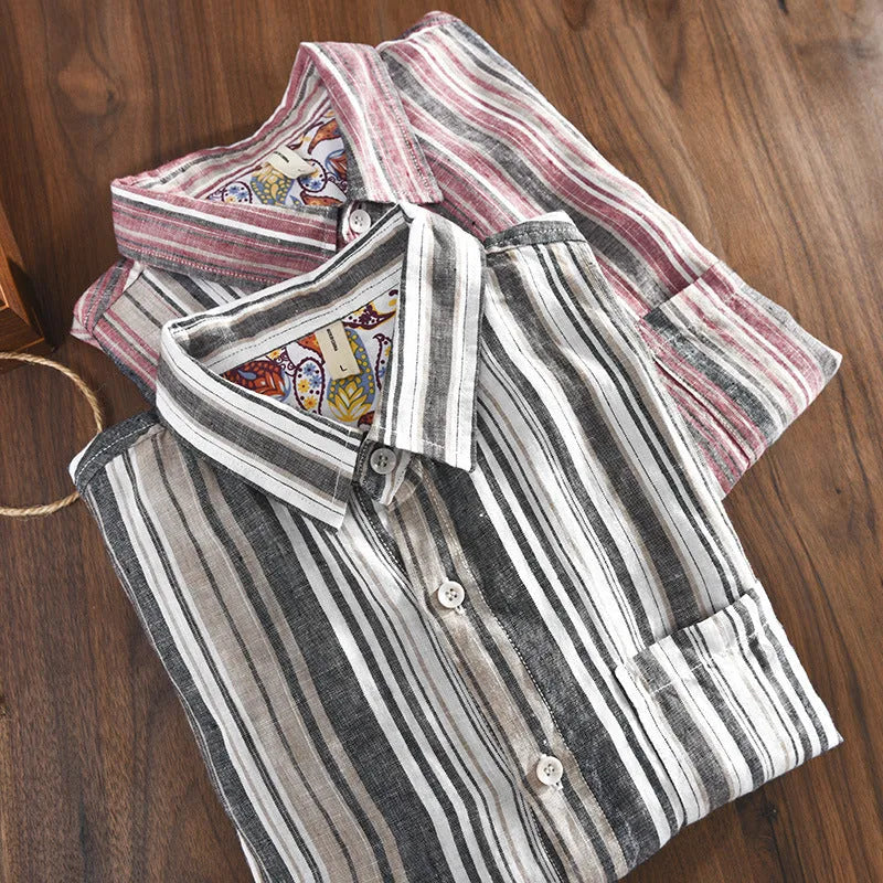 Men's striped linen casual shirt in grey colour with loose fit design and long sleeves
