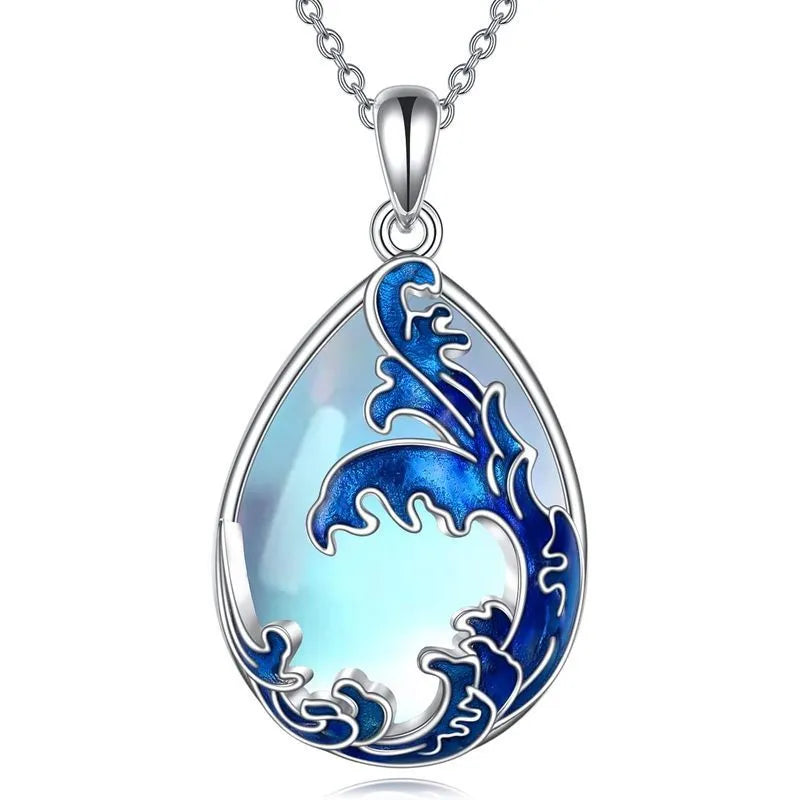 Moonstone blue heart-shaped alloy pendant necklace for women on chain