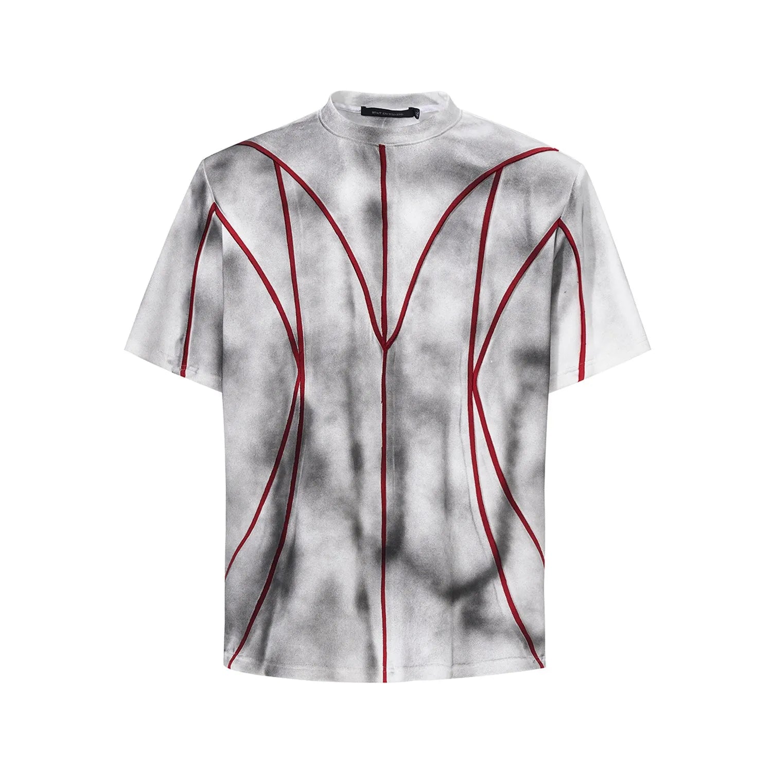 Men's T-shirt with padded shoulders and raised patchwork line detailing on front