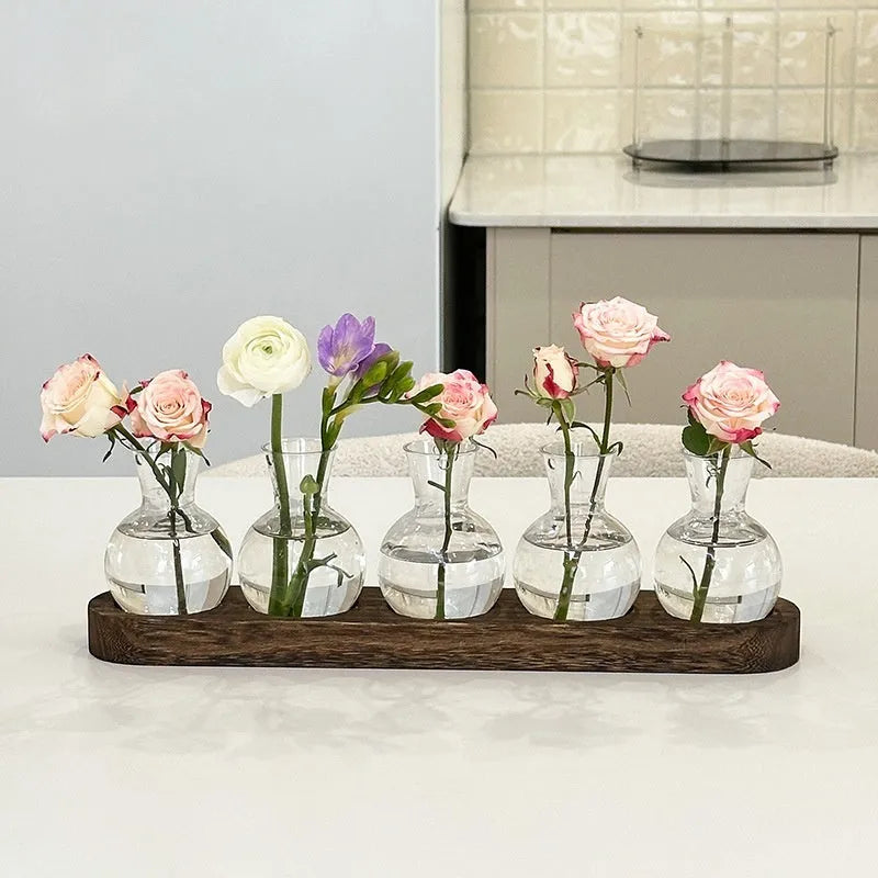 Wooden frame hydroponic vase with transparent glass containers in modern minimalist design