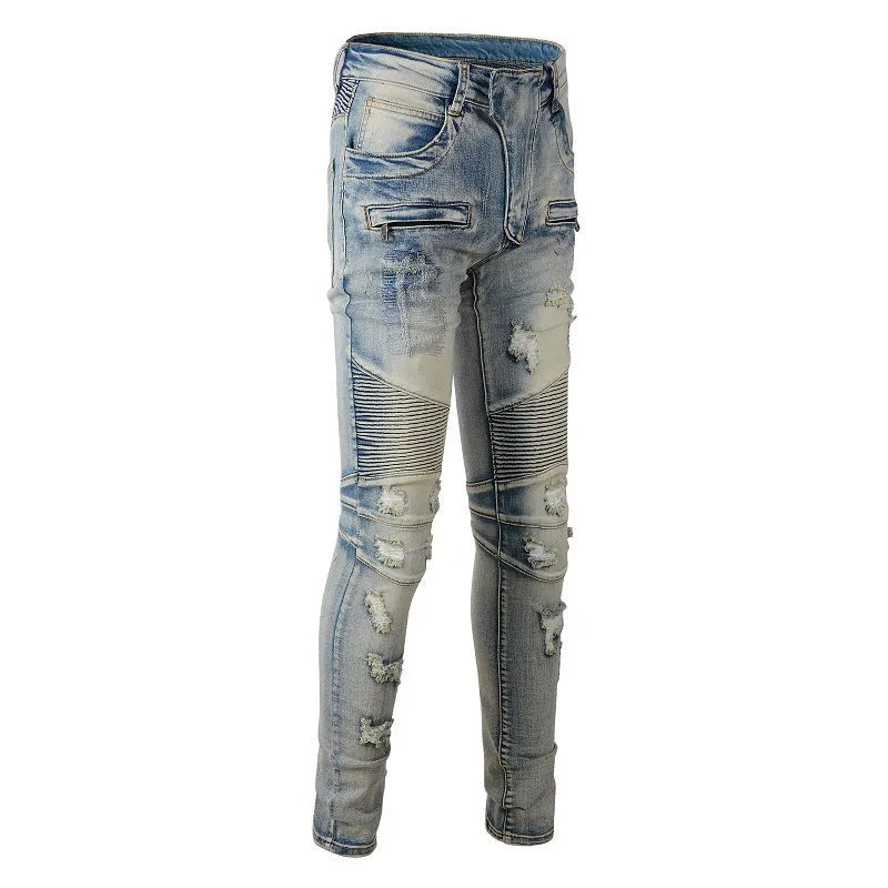 Light blue men's distressed slim fit jeans with hand-frayed details and stretch cotton denim fabric