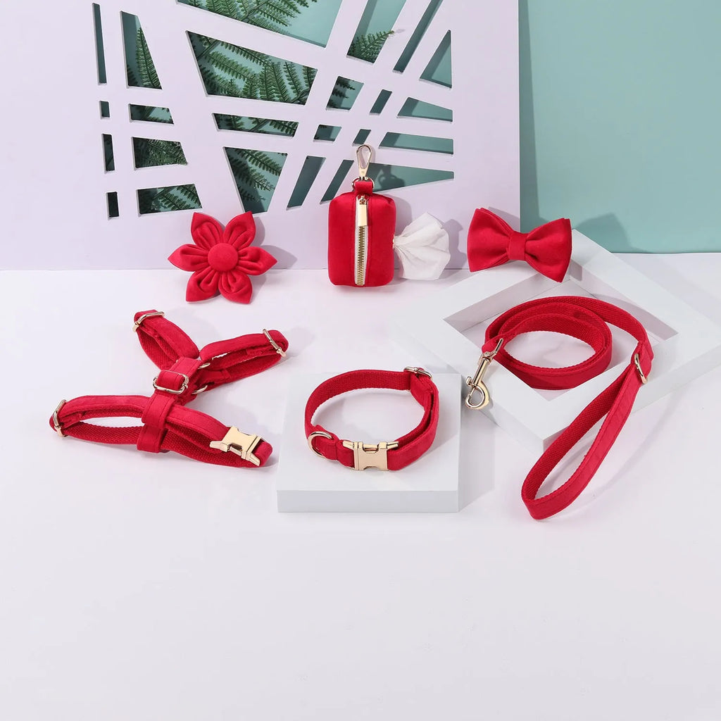 Classic soft velvet dog collar and matching traction rope set with chest strap, bow tie, and accessories in multiple colour options