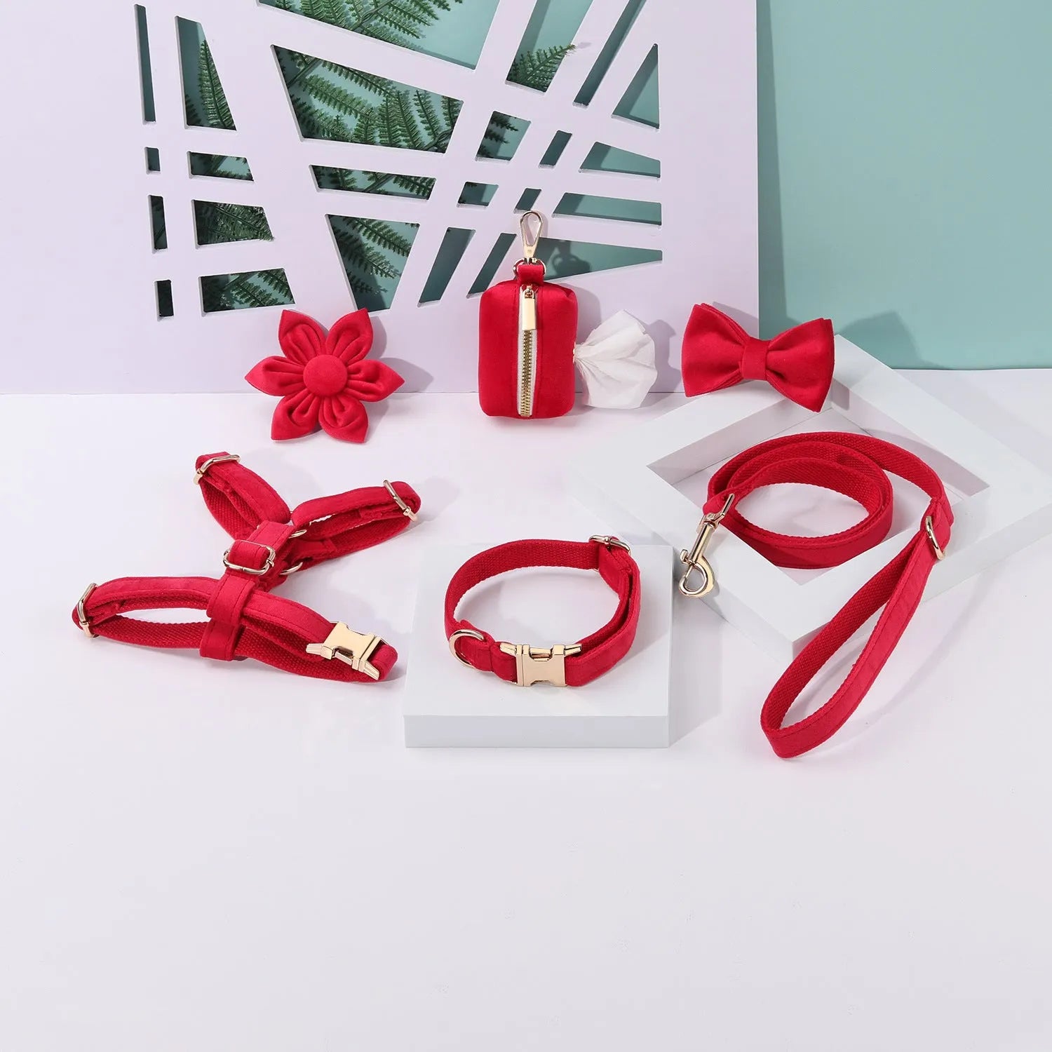 Classic soft velvet dog collar and matching traction rope set with chest strap, bow tie, and accessories in multiple colour options